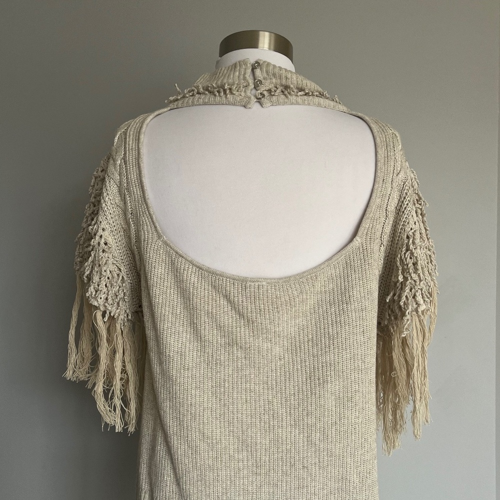Anthropologie Aphrodite Fringe Embellished Embroidered Open Back Tee Top Sweater - Picture 11 of 11
